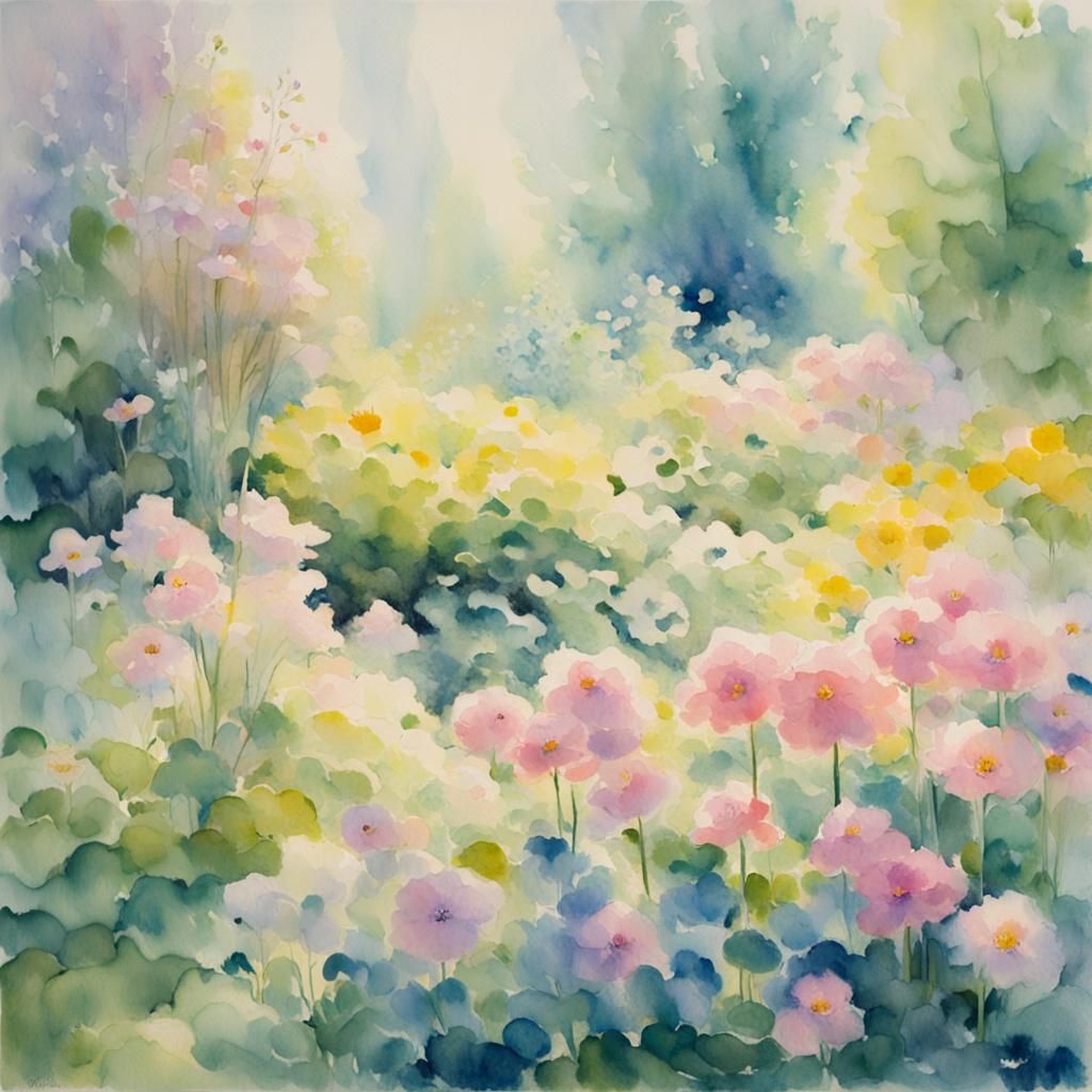 Garden Scene in Impressionist Watercolor Style