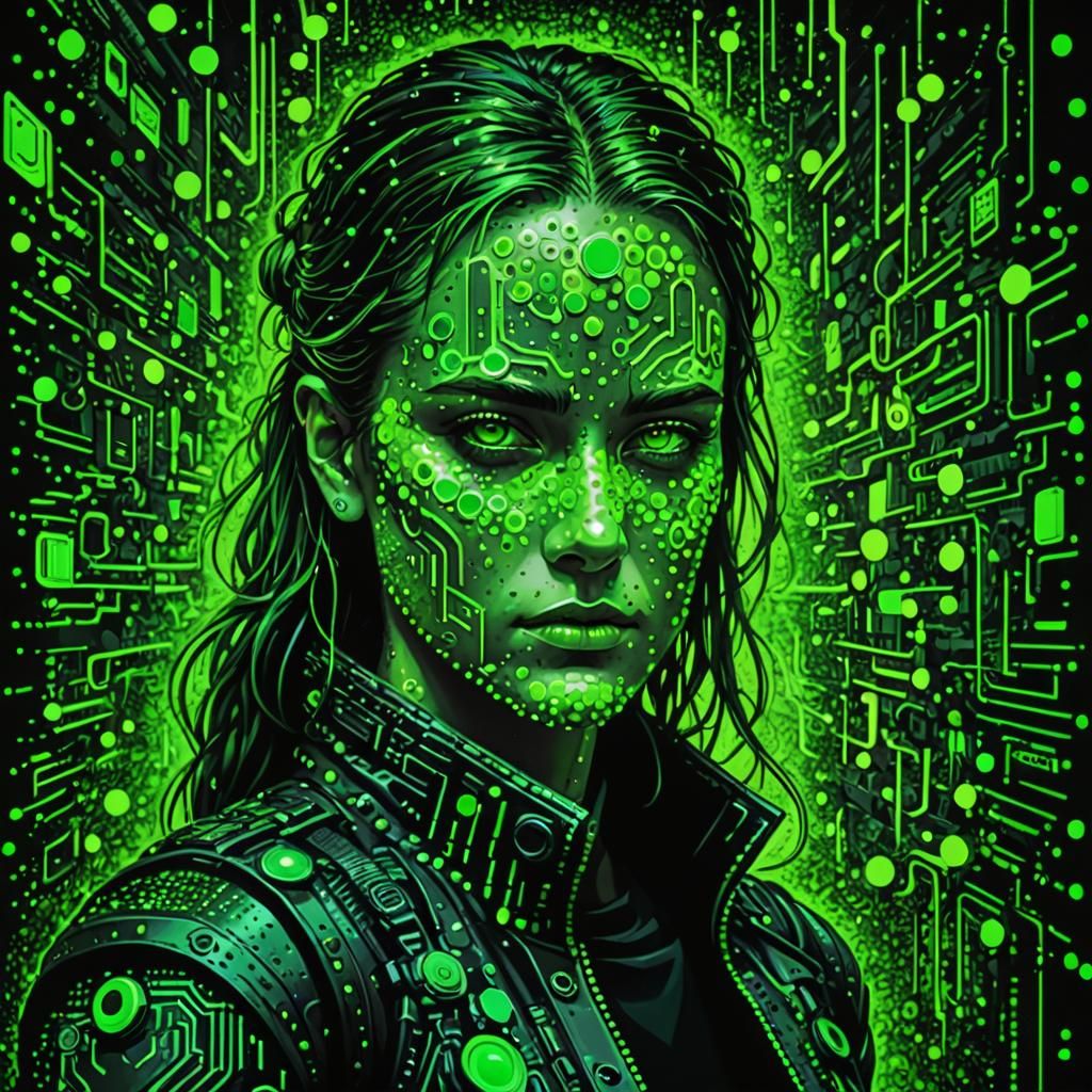 Cyberpunk Hacker in Neon Green Dot Art