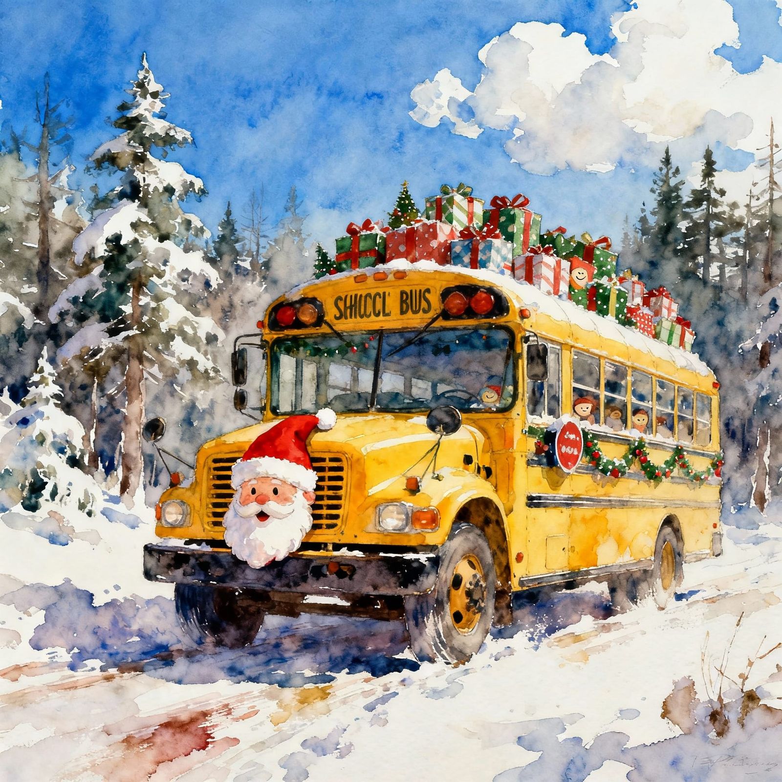 Christmas School Bus in Snowy Forest Watercolor Painting