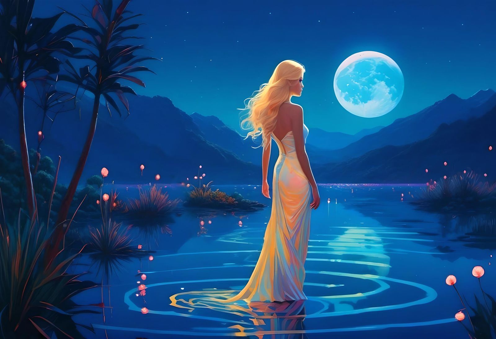 A Woman in Long Gown Walks Towards Moonlit Water