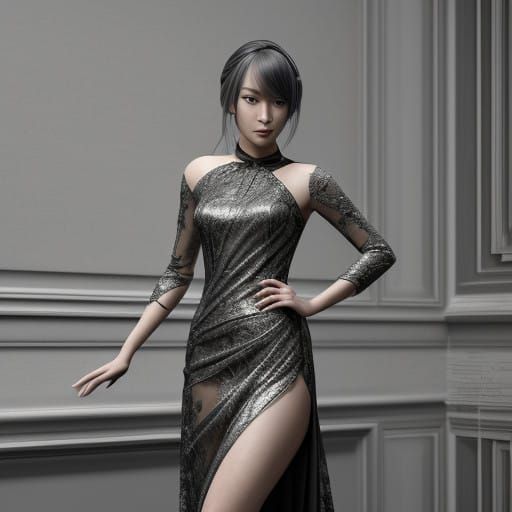 Elegant Anime Goddess in Shimmering Silky Gown
