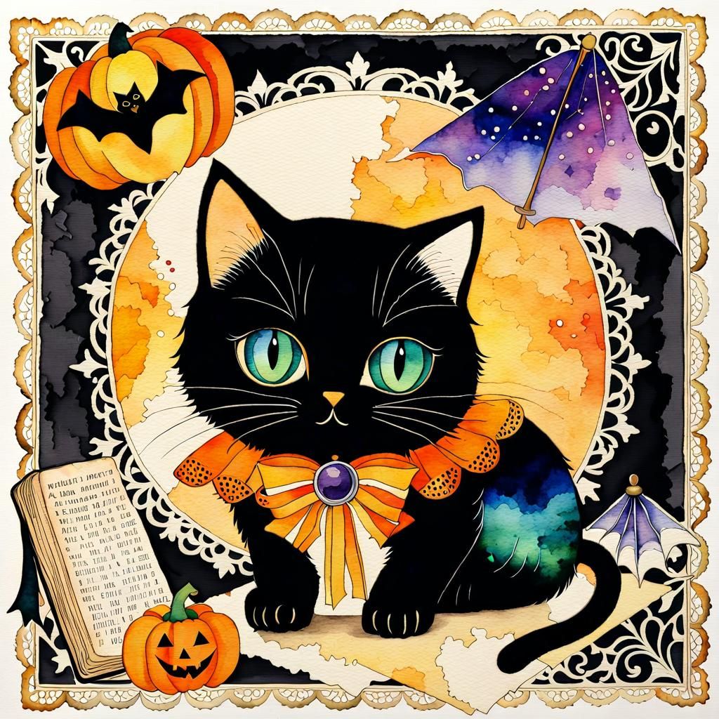 Vintage Watercolor Black Cat at a Haunted Costume Party