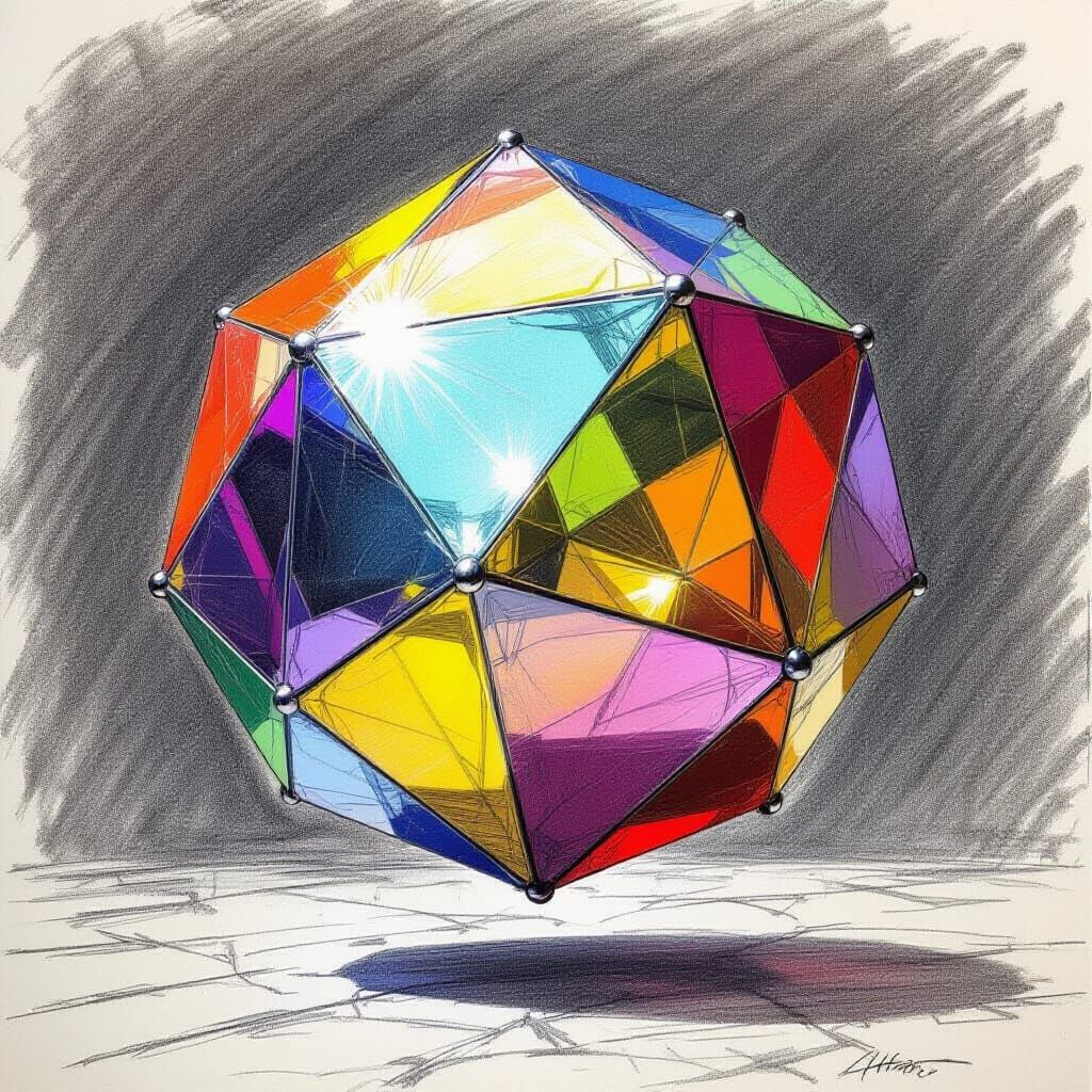 Multi-Color Dodecahedron in Pencil Sketch Style