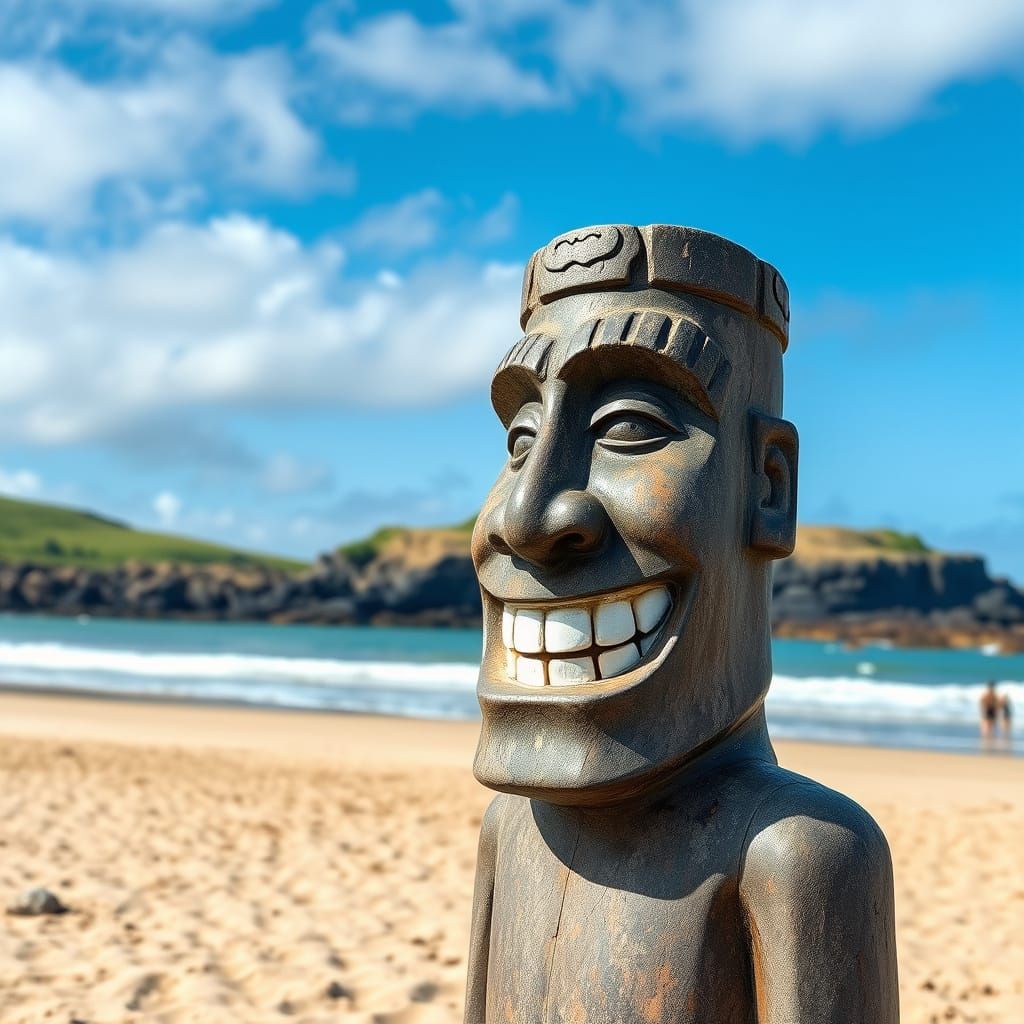 Ancient Eastern Island Moai Statue Smirks in Modern Beach Se...