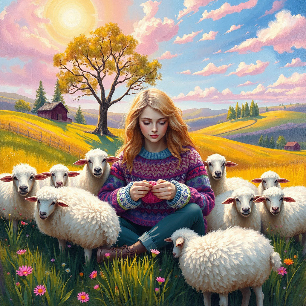Idyllic Pastoral Bliss with Gentle Knitter and Lush Landscap...