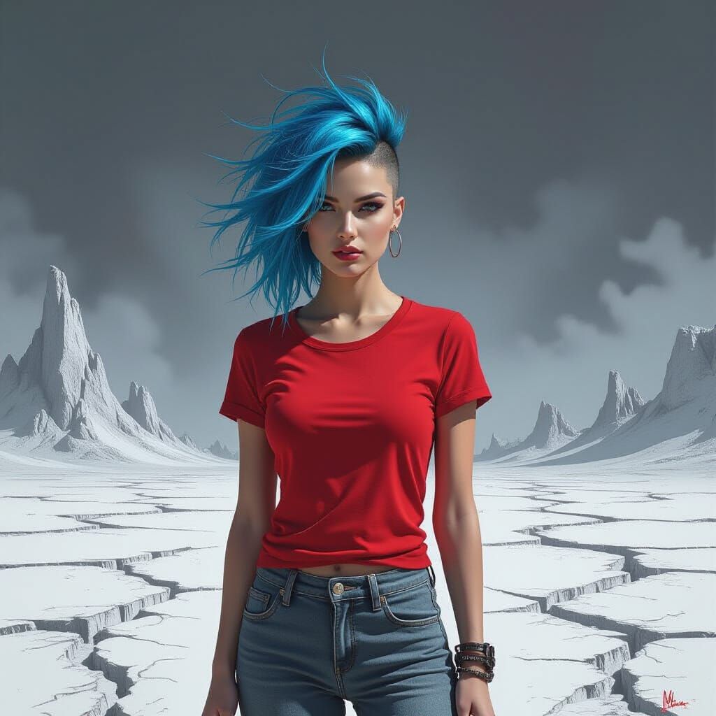 Mohican Woman in Surreal Monochrome Landscape