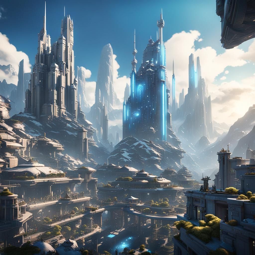 Surreal Cyberpunk Cityscape of Majestic Elven Architecture i...