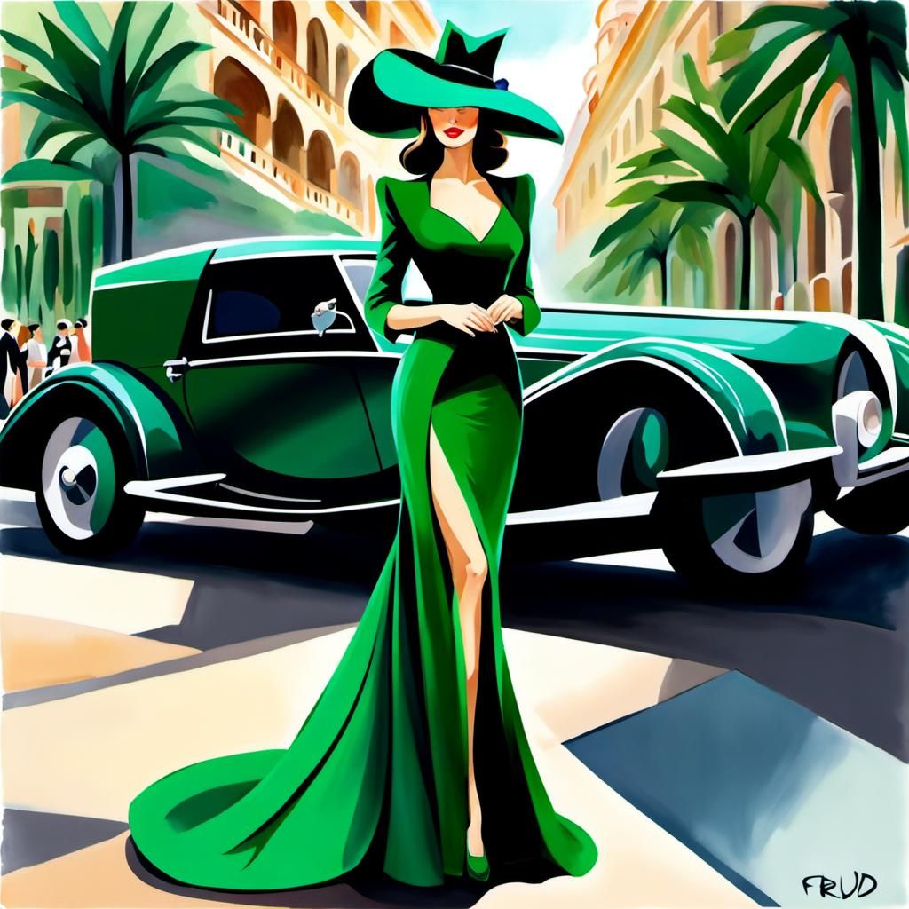 Elegant Woman in Emerald Luxury, Beside Classic Car
