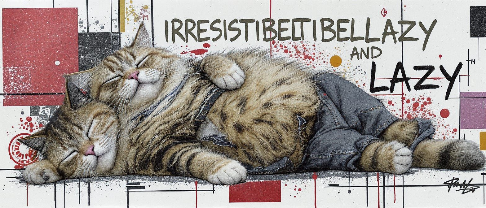 Comical Chubby Cat in Tattered Clothes with Bold Text