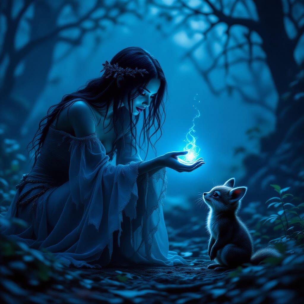 Ethereal Witch Offers Light to Woodland Creature in Dark Fan...