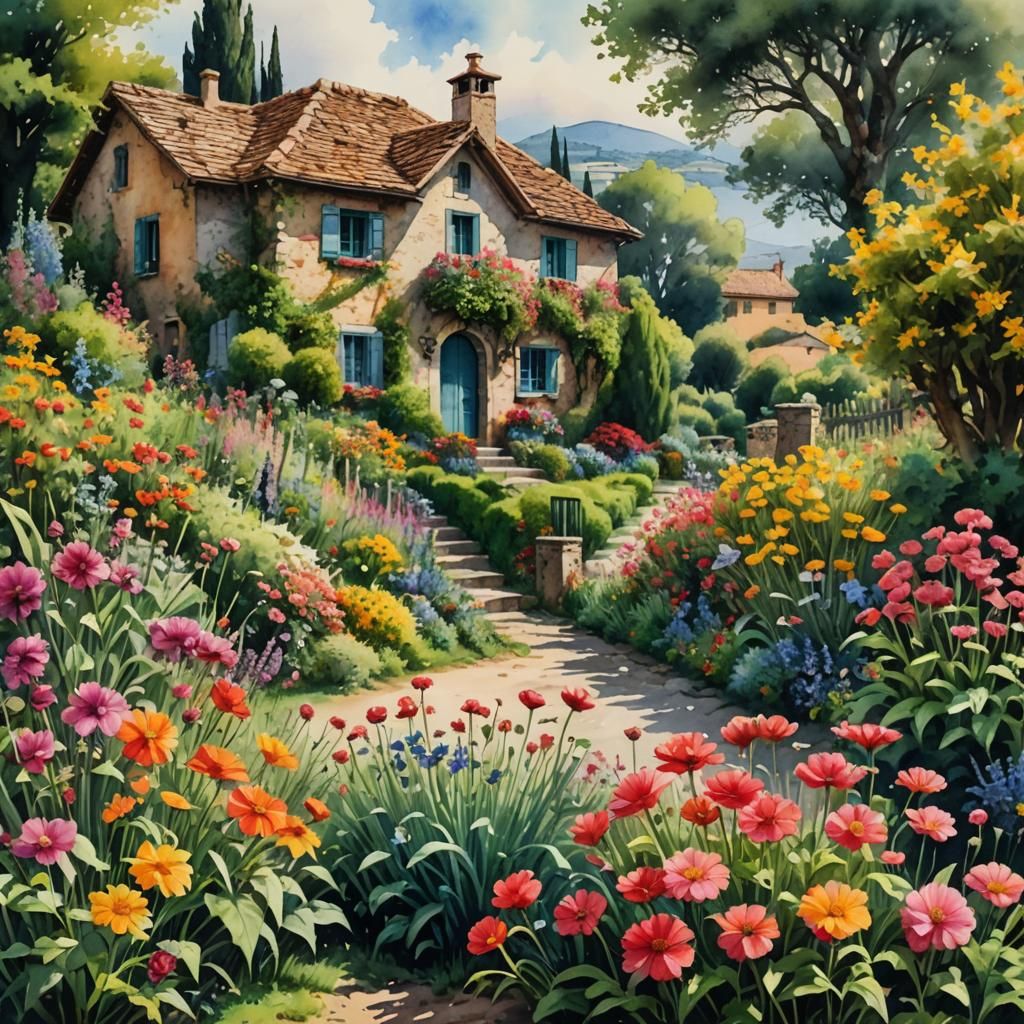 Surreal Italian Garden Scene in Neo-Impressionist Style