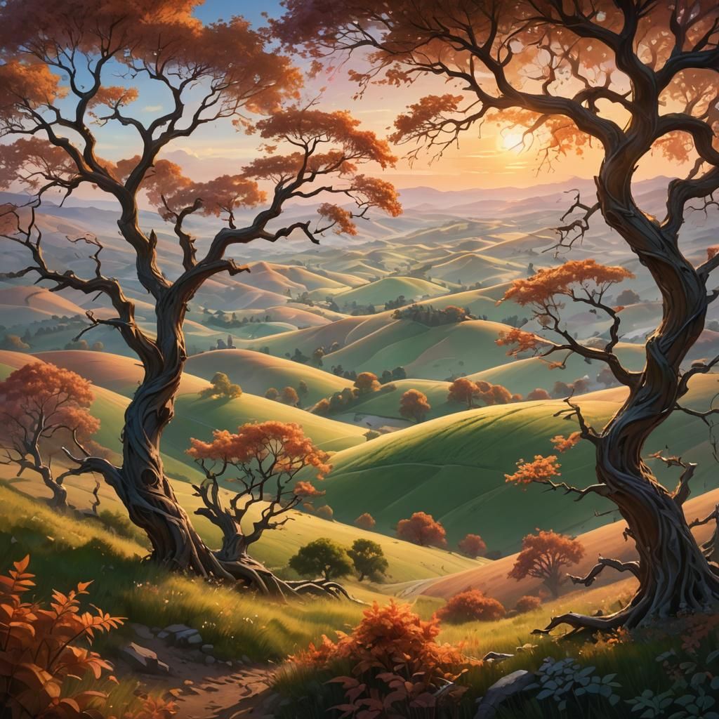 Fantastical Sunset on Rolling Hills in Art Nouveau Style
