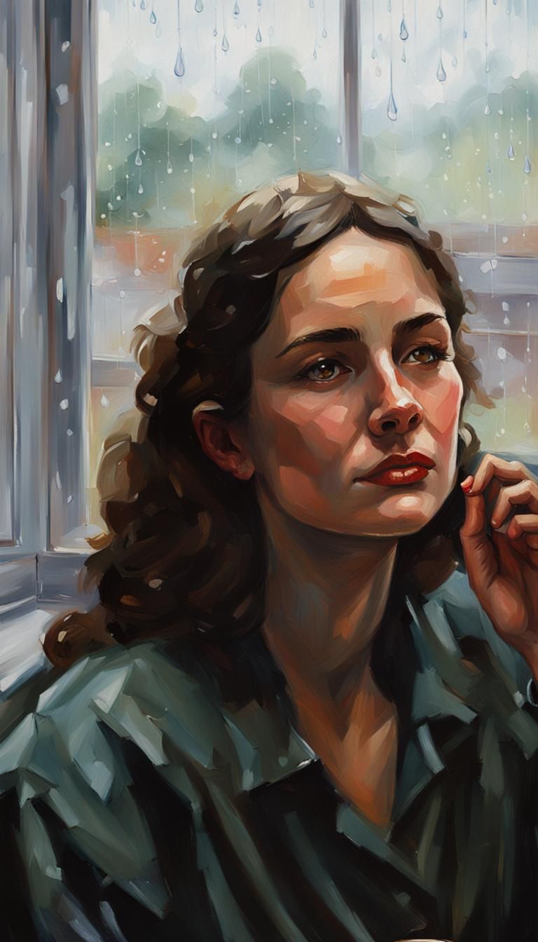 Elegant Oil Painting of Woman Watching Rain