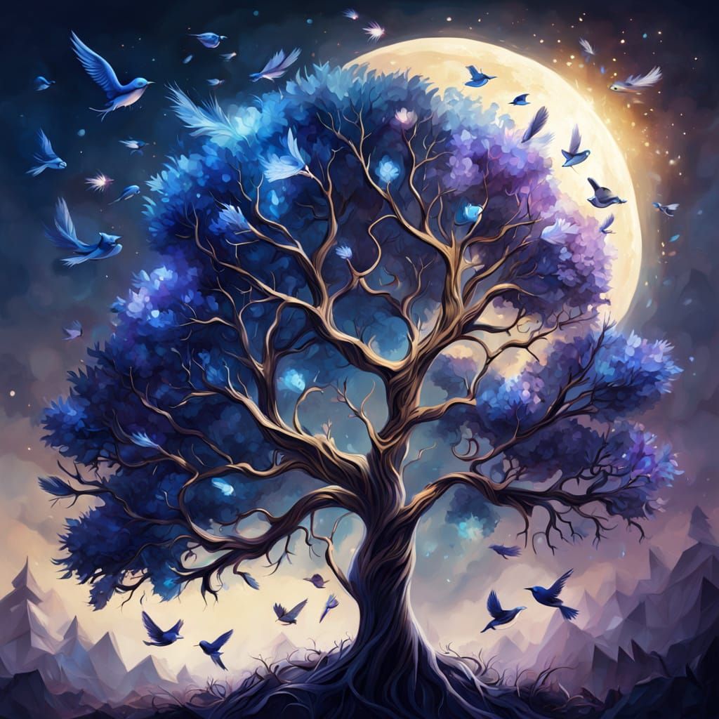 Crystalline Tree with Blue Birds in Digital Art Style