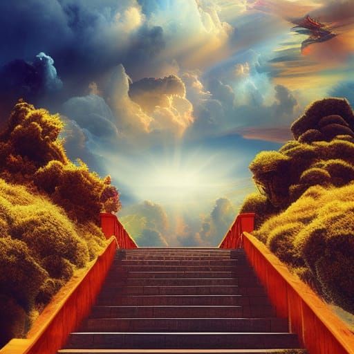 Surreal Staircase Ascends to Heavenly Realm