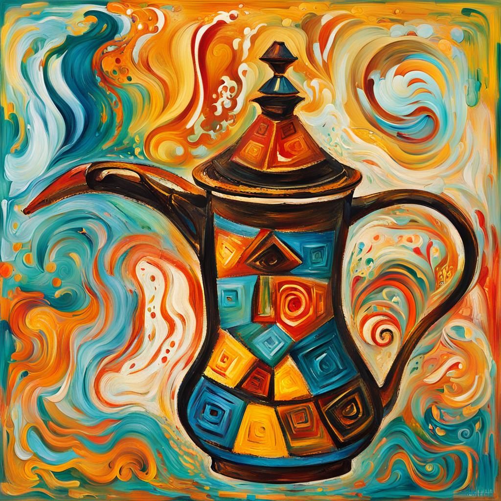 Expressive Arabic Coffee Pot in Vibrant Abstraction