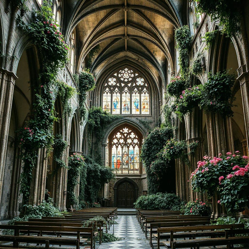 Gothic Cathedral Interior Overgrown with Lush Vegetation