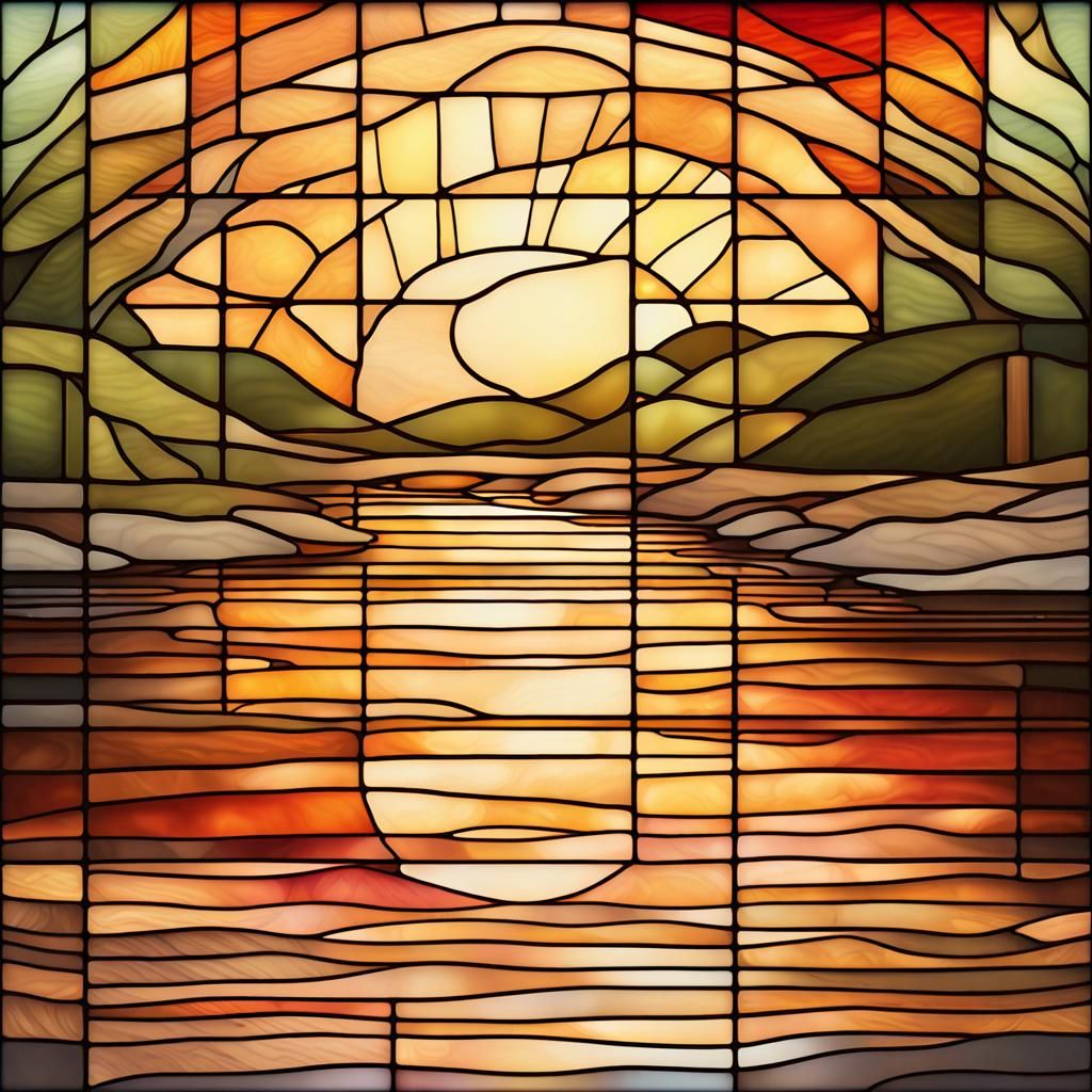 Serene Stained Glass Art of Summer Sunrise over River