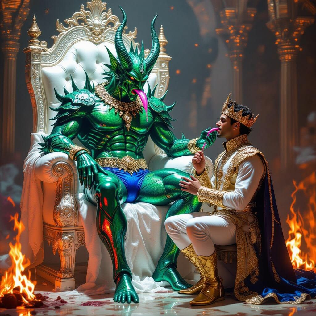 Monstrous Demon King on Throne in Hyperrealistic Style
