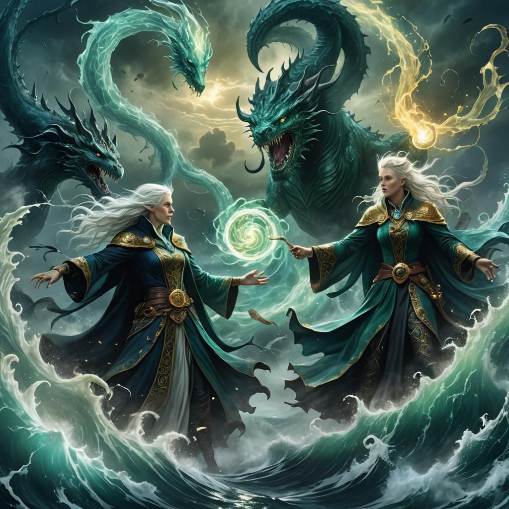 Ethereal Fantasy Battle Scene: Evil Warlock Meets White Witc...