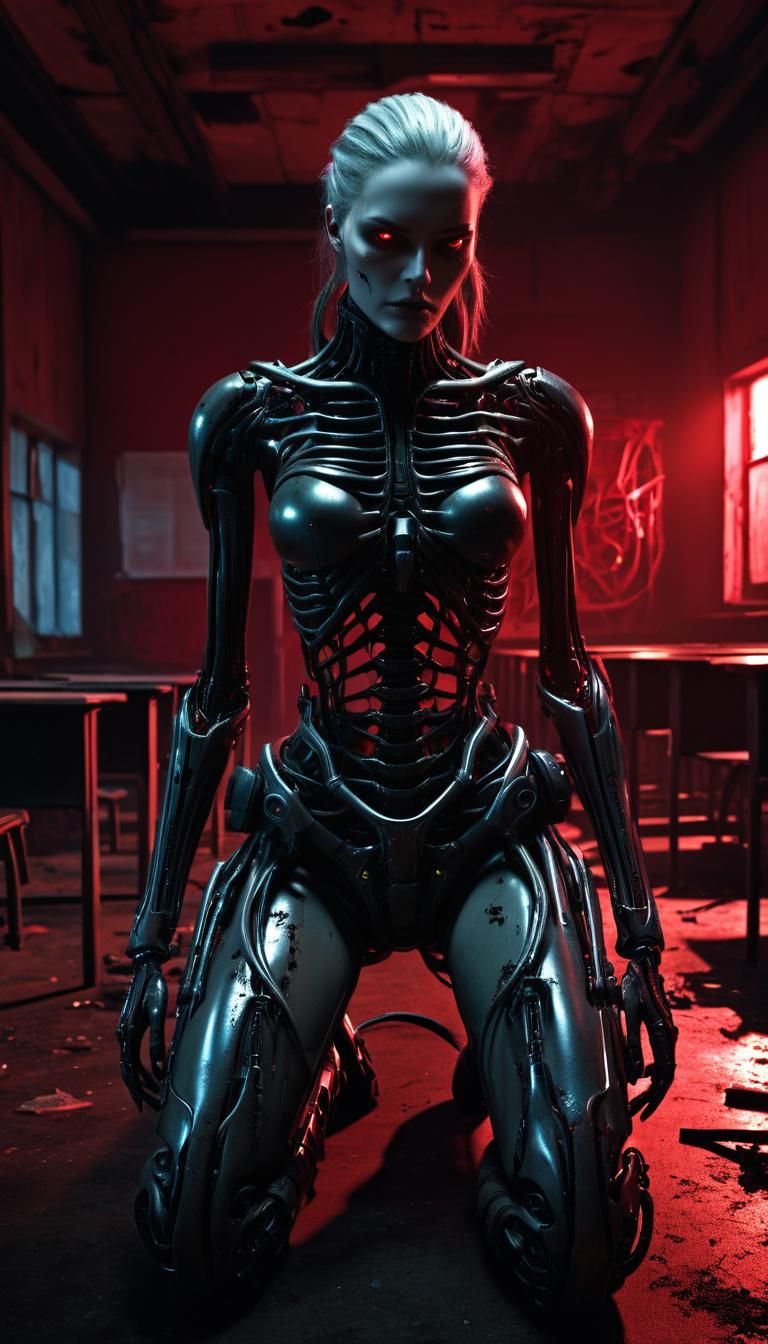 Distressed Schoolgirl in Dark Futuristic Abandonment