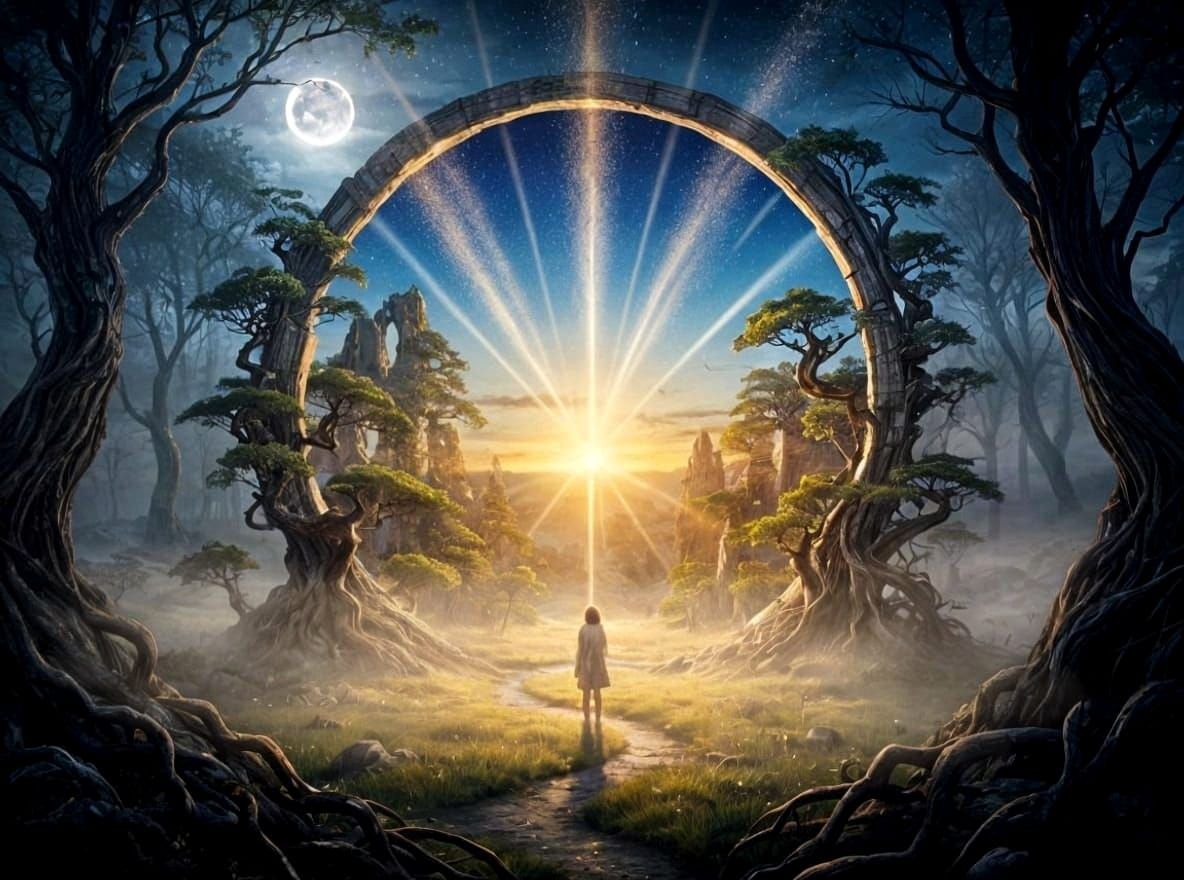 Surreal Sunrise Portal in Foggy Forest