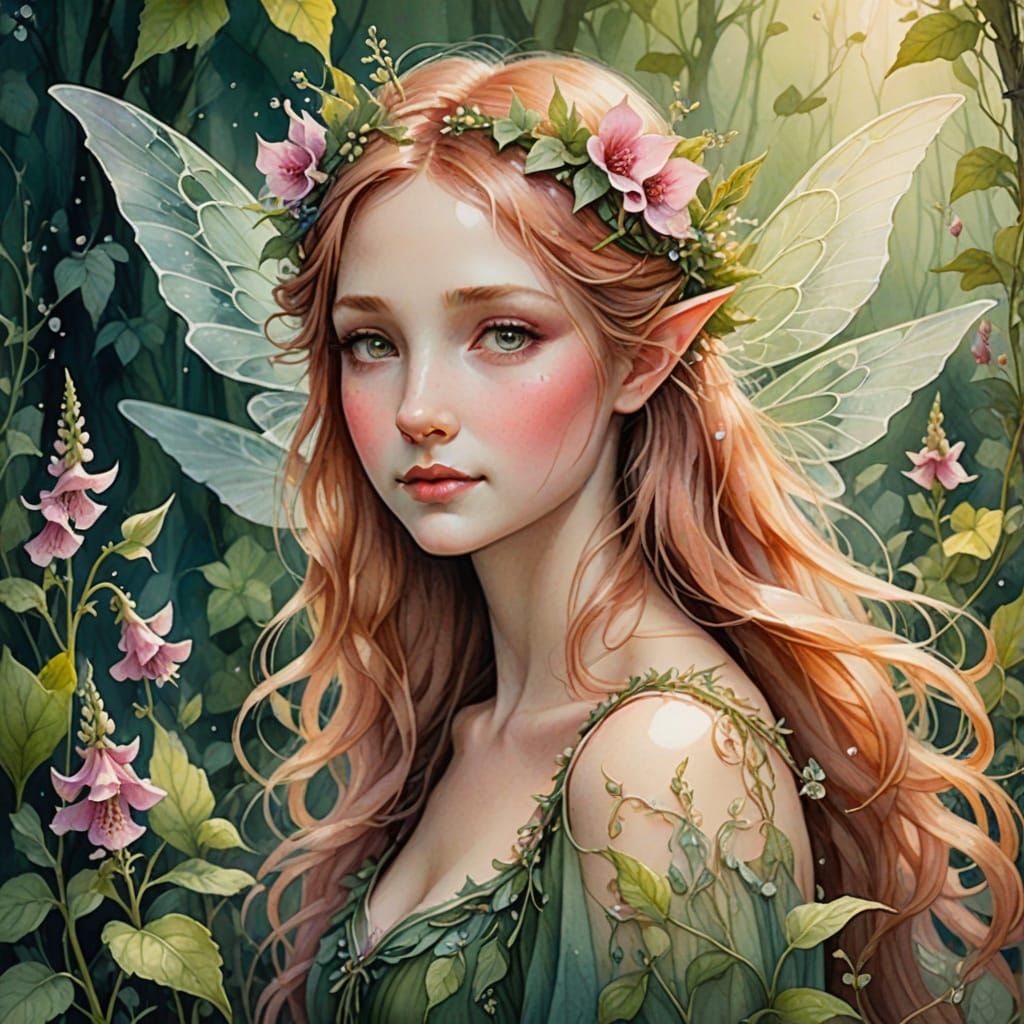Delicate Foxglove Fairy in Whimsical Watercolor Style