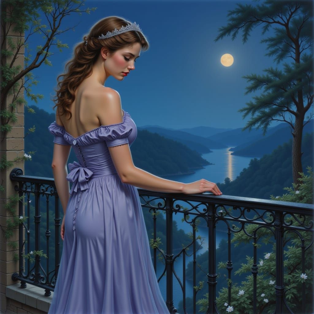 An elegant woman in a flowing, art nouveau gown stands on a ...