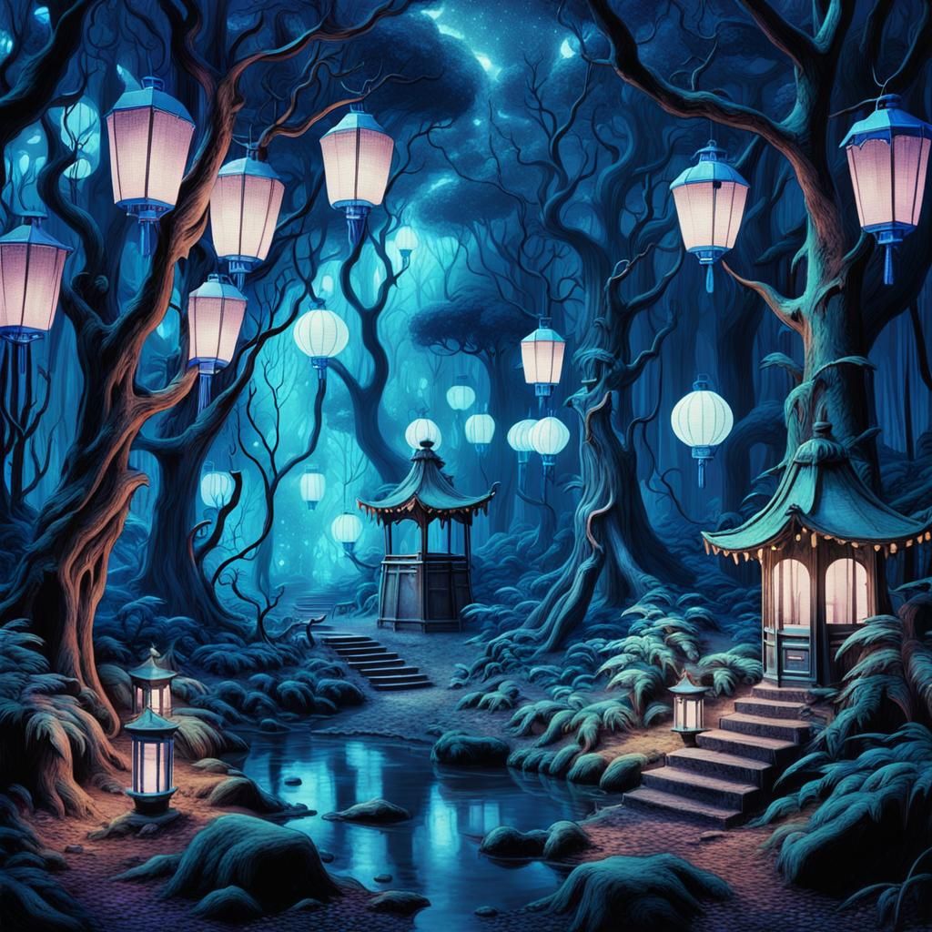 Vintage Fantasy Forest Under Neon Blue Lanterns