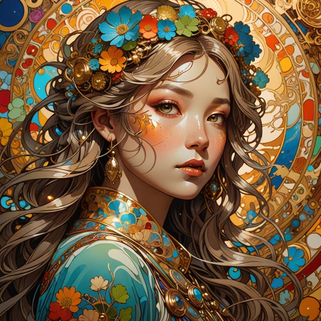 Woman Moves Earth in Art Nouveau Style