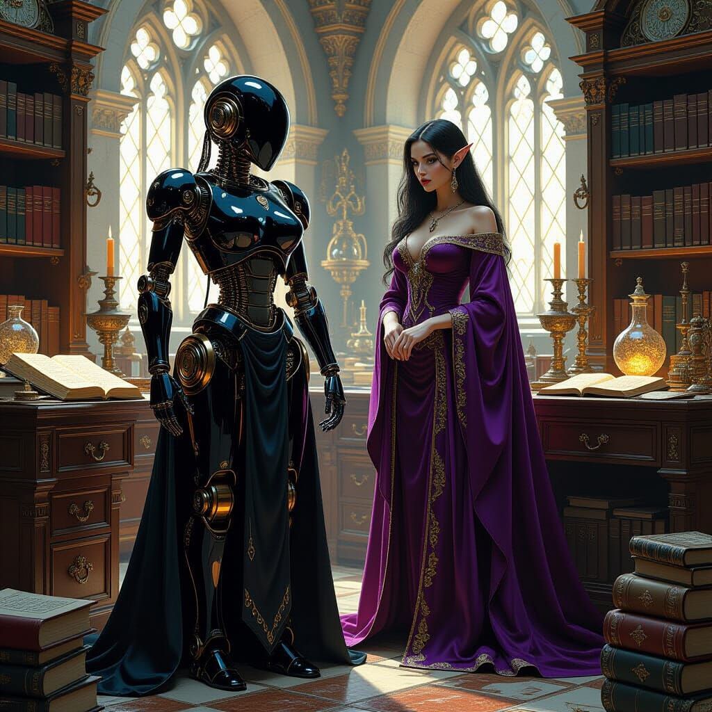 Robot and Elf Mage in Detailed Oil Painting