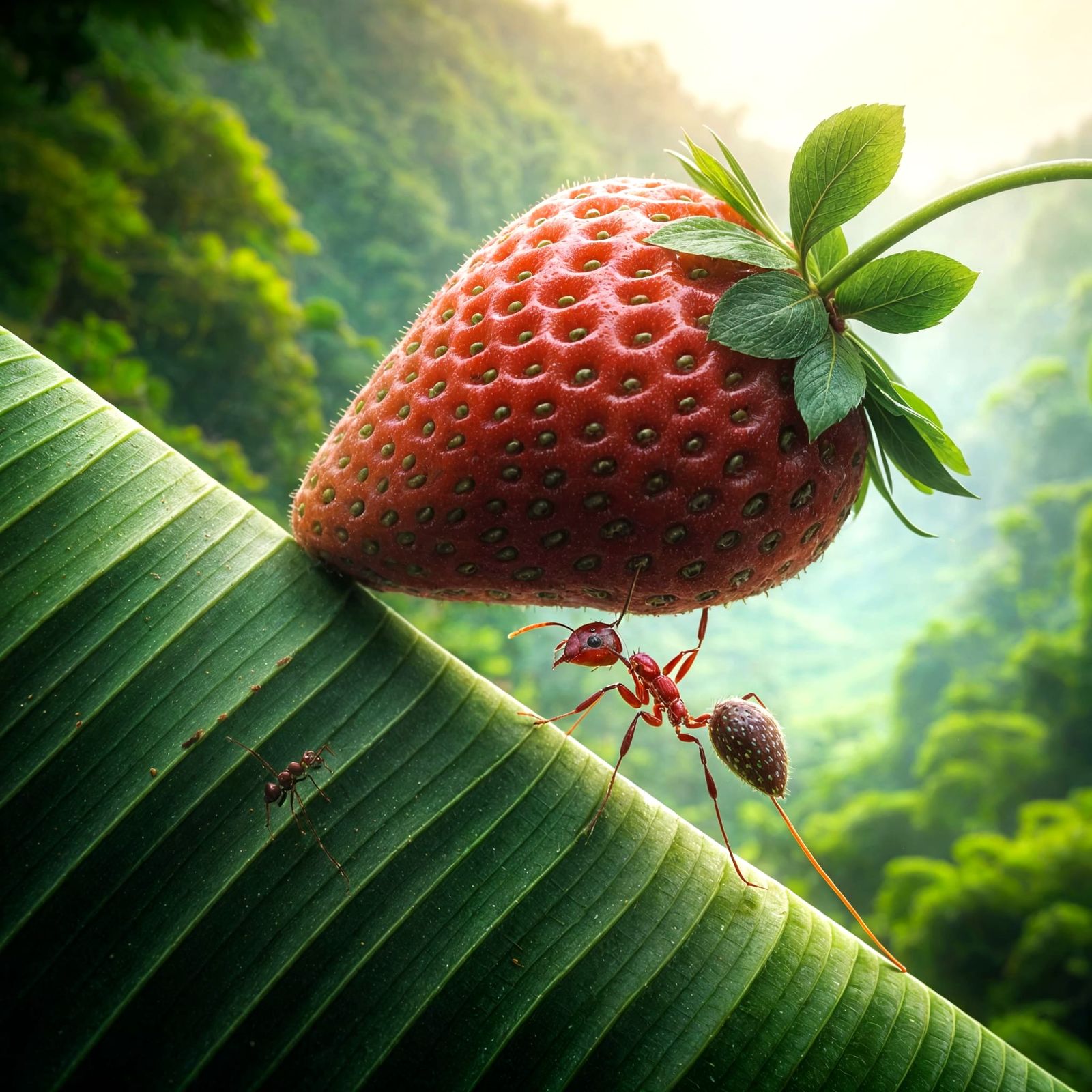 Ant Climbs Banana Leaf with Enormous Strawberry