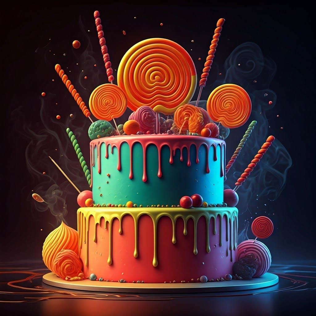 Vibrant Birthday Cake in Distorted Surrealist Style