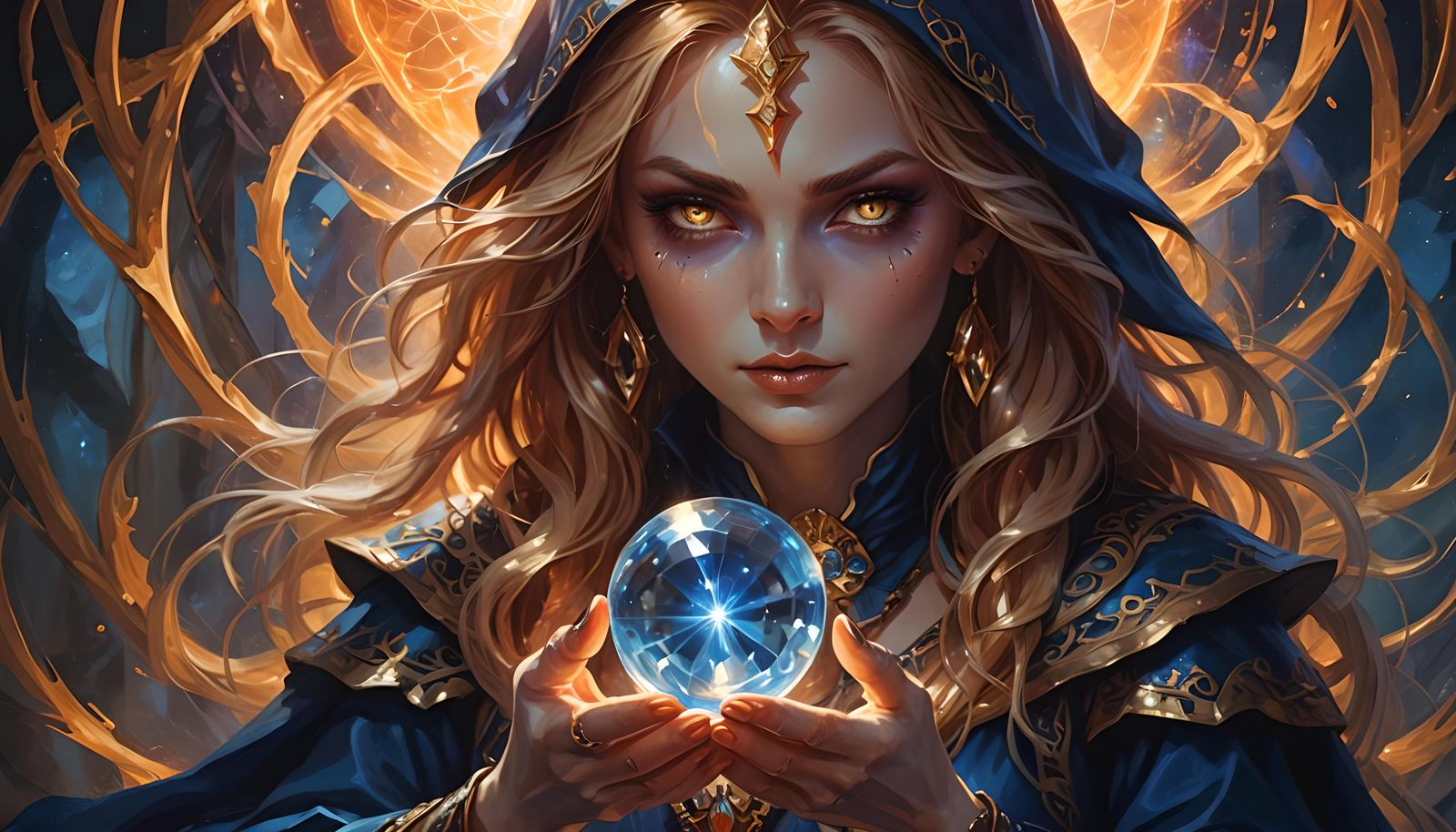 Fantasy Tarot Card: Beautiful Sorceress with Crystal Globe