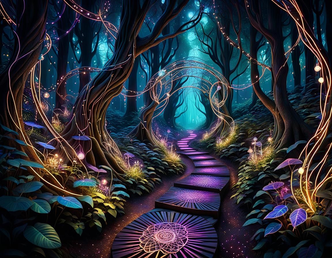 Whimsical Enchanted Forest Scene in Neon Hues