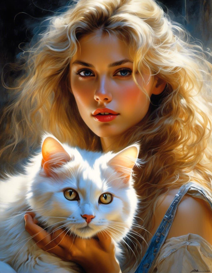 Hyperrealistic Portrait of a Blonde Beauty with a White Cat