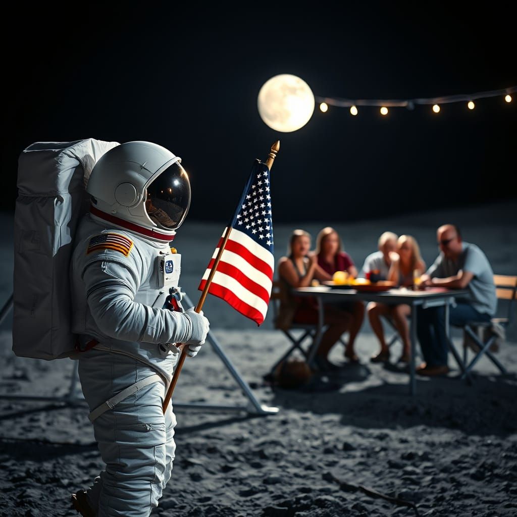 Astronaut at Moon Barbecue: 1969 Landing Juxtaposition