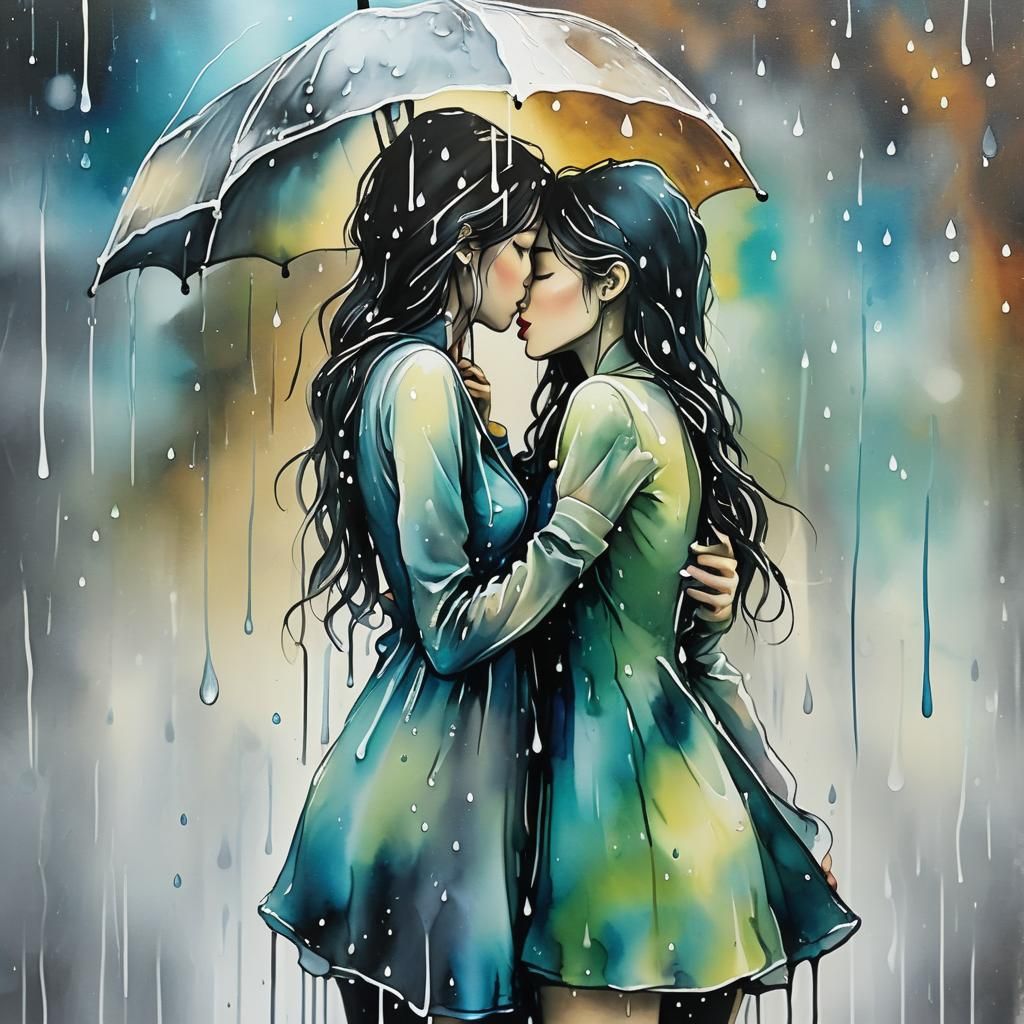 Romantic Couple Embracing in the Rain, Created in Expressive...