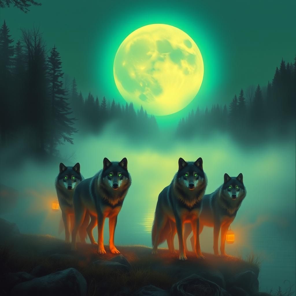 Majestic Wolves Stand Gathered by the Mystical River