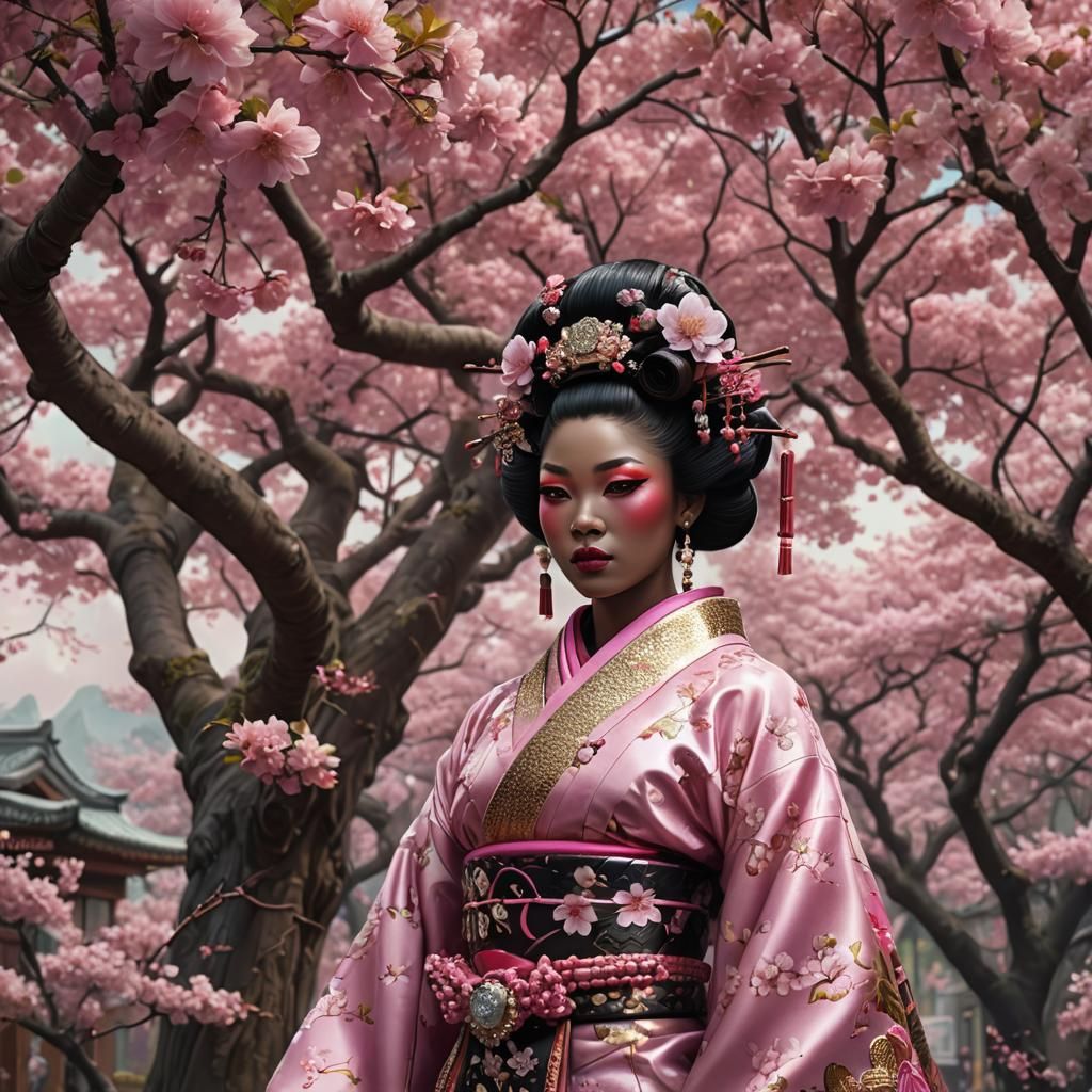 Regal Cherry Blossom Geisha in a Whimsical Candyland World