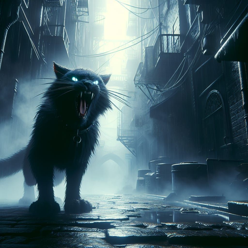 Mysterious Fogbound Feline in a Dark Dystopian Alleyway