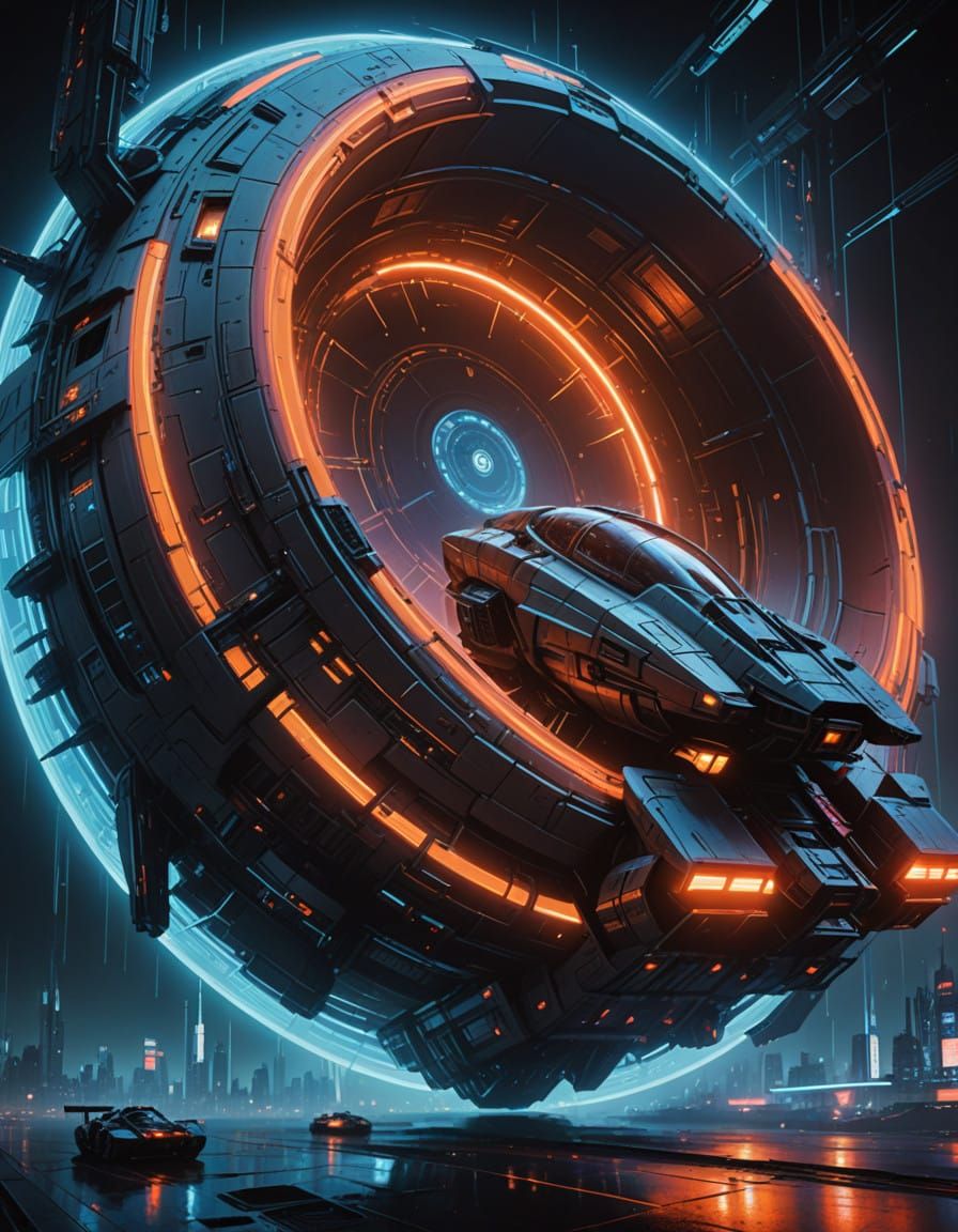 Sleek Futuristic Spaceship in Neon-Lit Cityscape