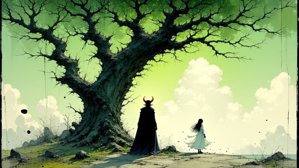 Lucifer at the Tree of Knowledge in Pen and Ink Style