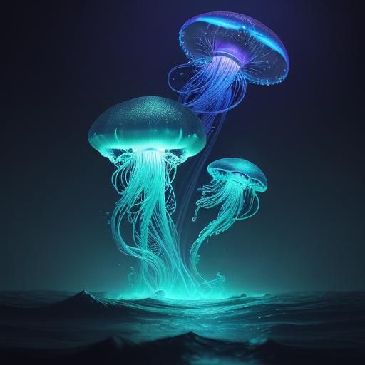 Whimsical Bioluminescent Jellyfish in the Ocean