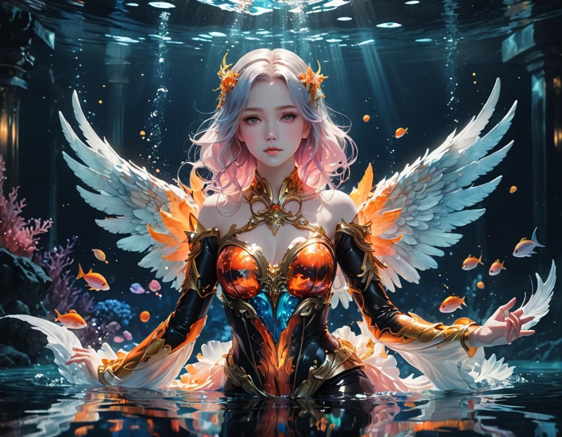 Ethereal Angel Dances in a Luminous Underwater Lava Ballroom