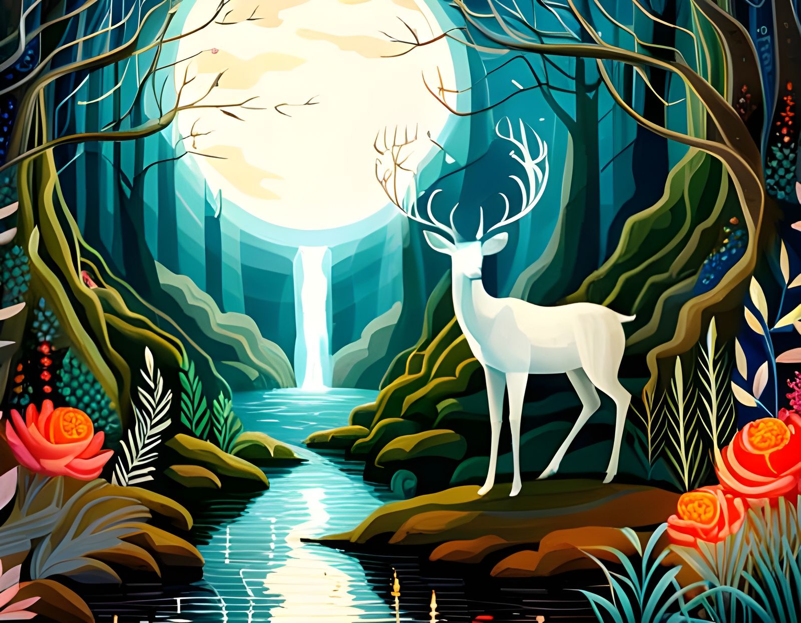 Ethereal White Deer Dwells in Vibrant Summer Fantasy Land
