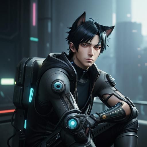 Cyberpunk Boy with Feline Ears in Natural Light