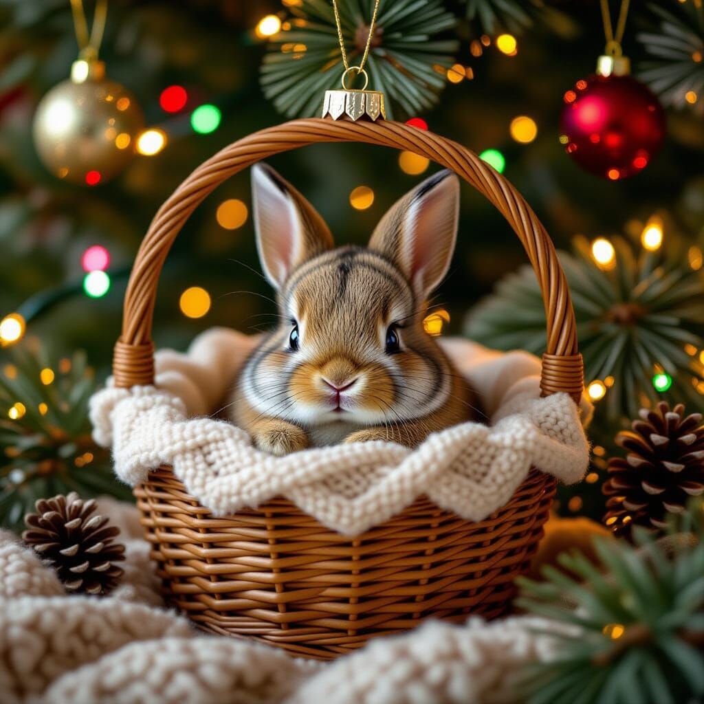 Cute Bunny in Christmas Ornament Basket