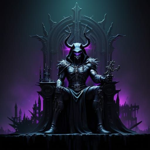 Horned Goddess on Throne in Neon Cathedral