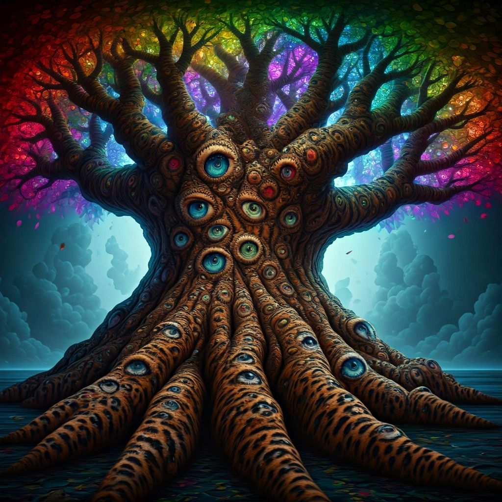 Magical Giant Tree with Leopard Bark and Rainbow Leaves